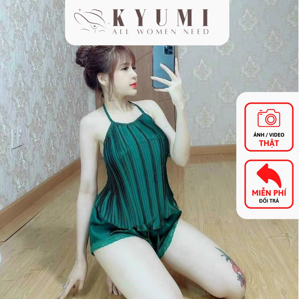 Đồ ngủ sexy yếm dập ly KYUMI Official, chất liệu lụa satin, freesize 40-65kg tùy chiều cao, kèm quần ren gợi cảm 001 | BigBuy360 - bigbuy360.vn