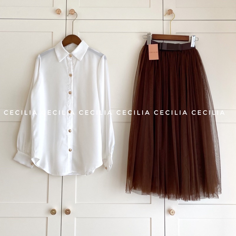 Sơ mi lụa dài tay thiết kế rộng suông LOUISE Shirt by CECILIA  dài tay 2 màu trắng & xanh ngọc - khuy kim loại