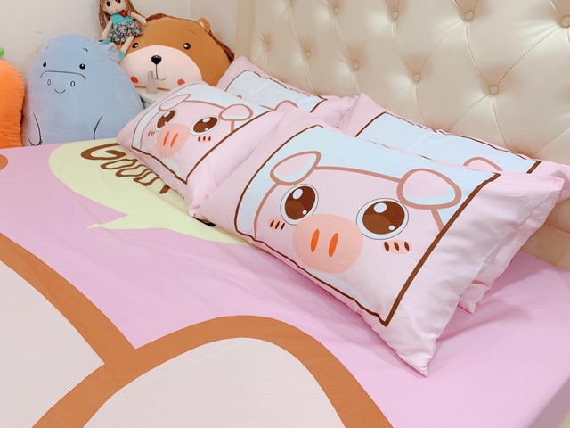 Bộ Ga Gối Cotton Poly 5D - Lợn Hồng