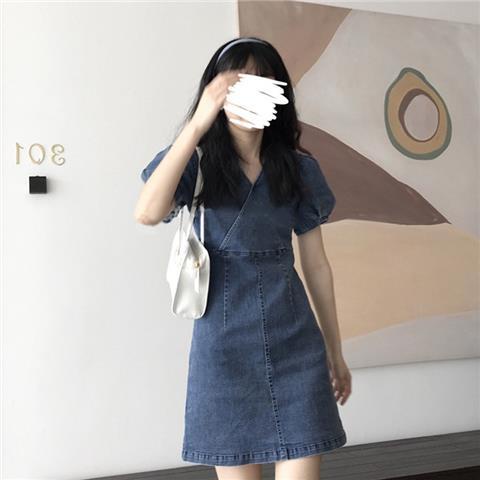 Đầm Denim Tay Phồng Cổ Chữ v Dáng Chữ a Thời Trang Mùa Hè Dành Cho Nữ