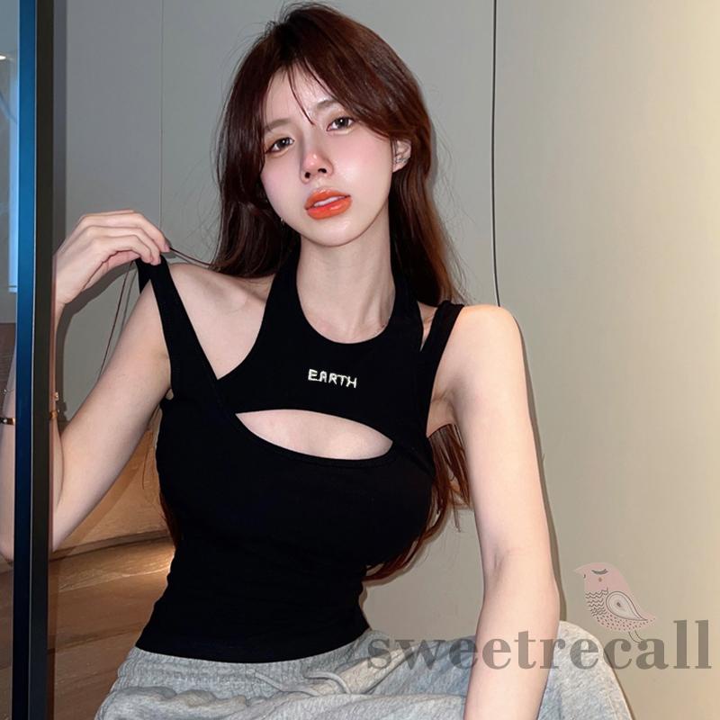 SWE-Women Backless Hollowed Letters Print Slim Fit Summer Fake 2-piece Tank Tops