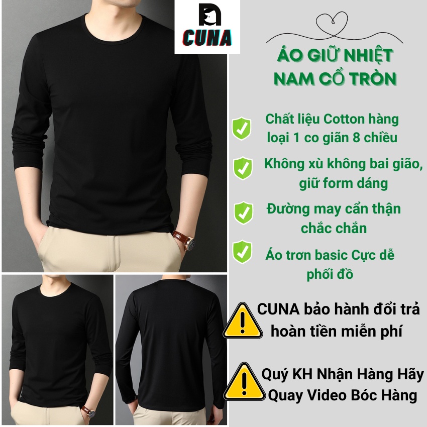 Áo Thun Giữ Nhiệt Nam CUNA Áo Giữ Nhiệt Nam Cổ Tròn Tay Dài Lót Nỉ Lông Trơn Body Co Giãn Thể Thao Trắng Đen Thu Đông