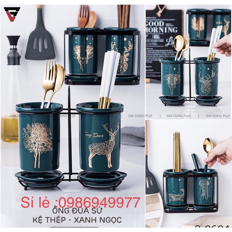 Kệ đựng ống đũa bằng gốm sứ - kệ gỗ, có đĩa hứng nước sạch sẽ phong cách Bắc Âu Cao Câp số 1
