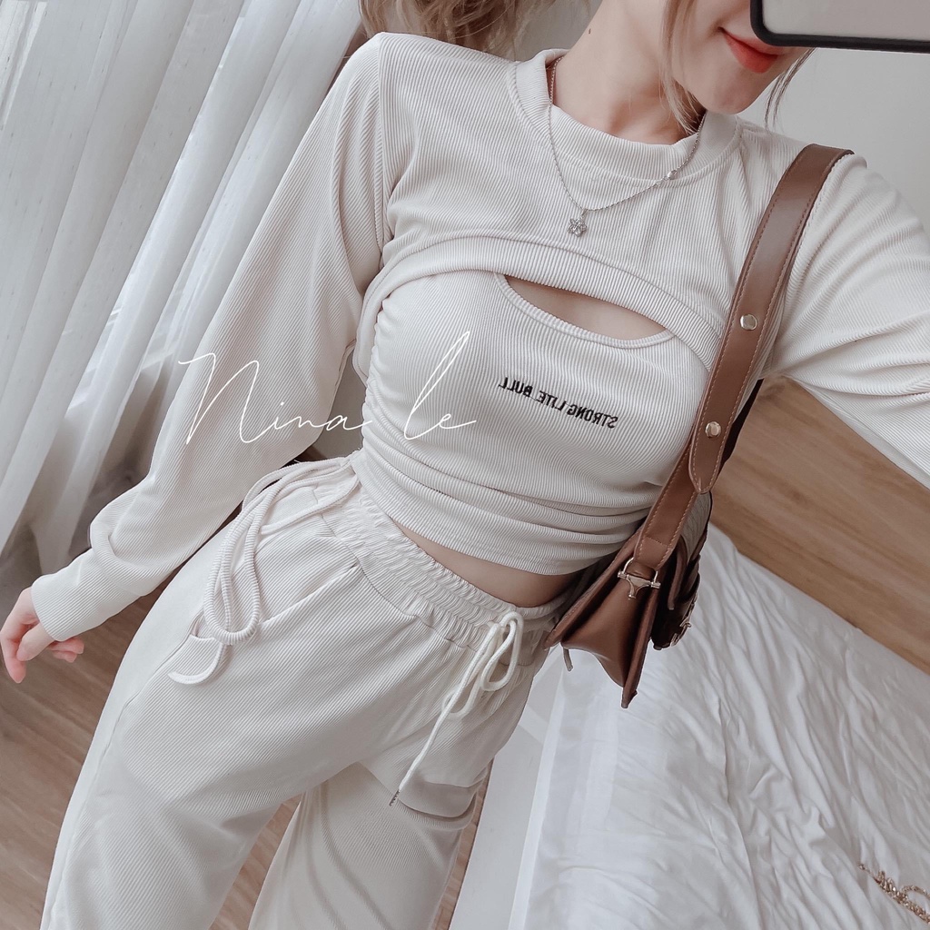 Set bộ đồ nữ thể thao áo croptop body rút dây mix quần dài cá tính, năng động dành cho các nàng đi chơi