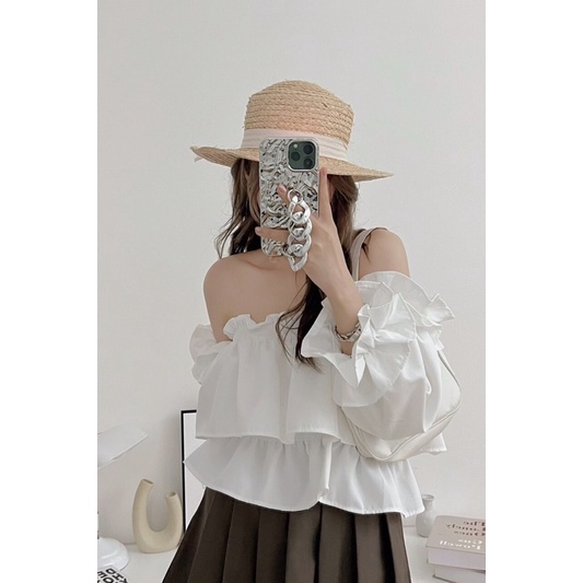 [Ảnh thật/Video]Áo trễ vai trắng Michi xếp tầng xinh xắn