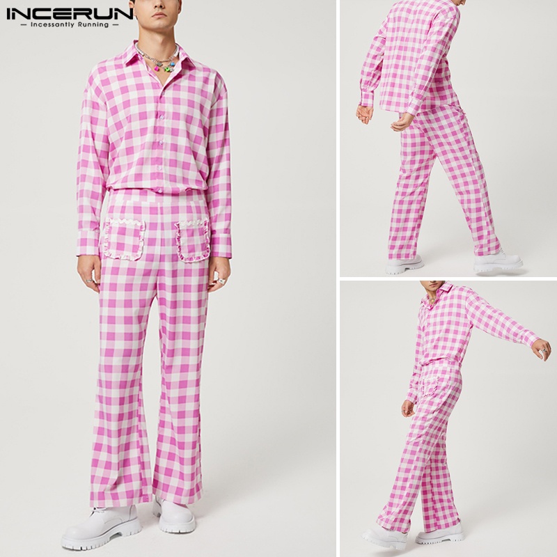 Bộ đồ ngủ 2 món INCERUN gồm áo sơ mi tay dài và quần dài họa tiết caro cá tính cho nam