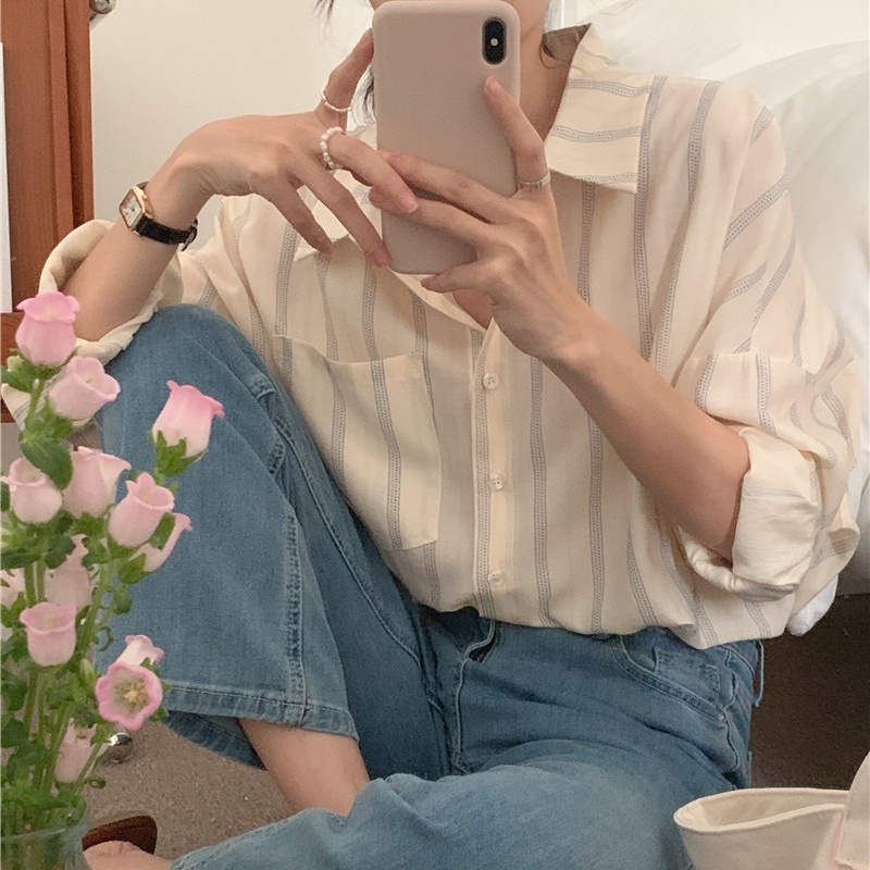 SUXI Sơ Mi Nữ Kẻ Sọc Dài Tay Thời Trang Hàn Quốc