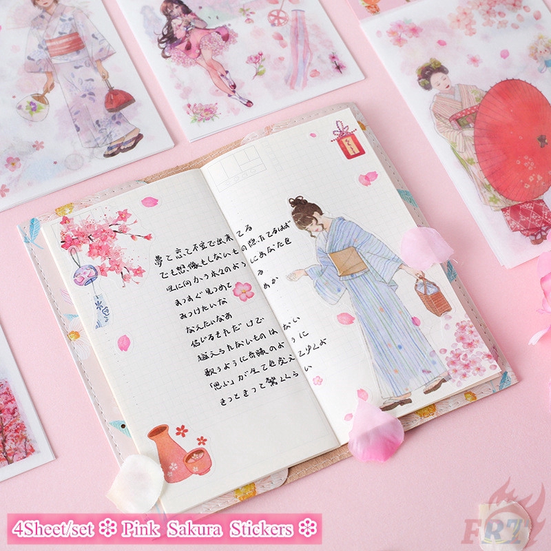 Bộ 4 tờ giấy decal dán tường/sổ lưu niệm/nhật ký trang trí hình hoa anh đào hồng DIY