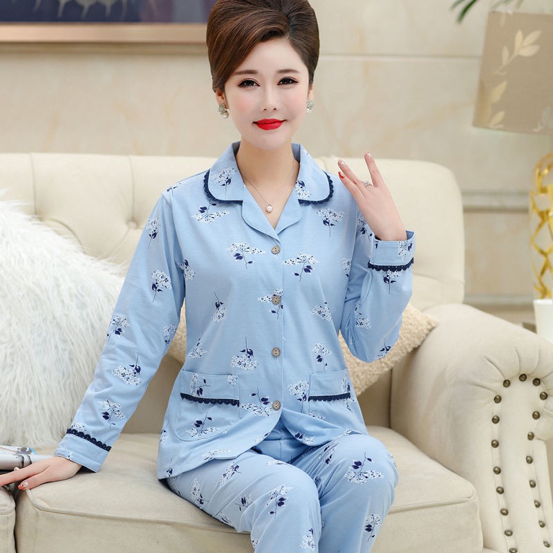 Đồ lót▫Bộ đồ ngủ dành cho người trung niên và cao tuổi cotton mùa thu bà mẹ plus size dài tay chồng phục vụ tại