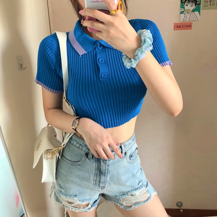 Áo croptop dệt kim tay ngắn cổ polo phối màu sắc đơn giản dễ phối đồ | BigBuy360 - bigbuy360.vn