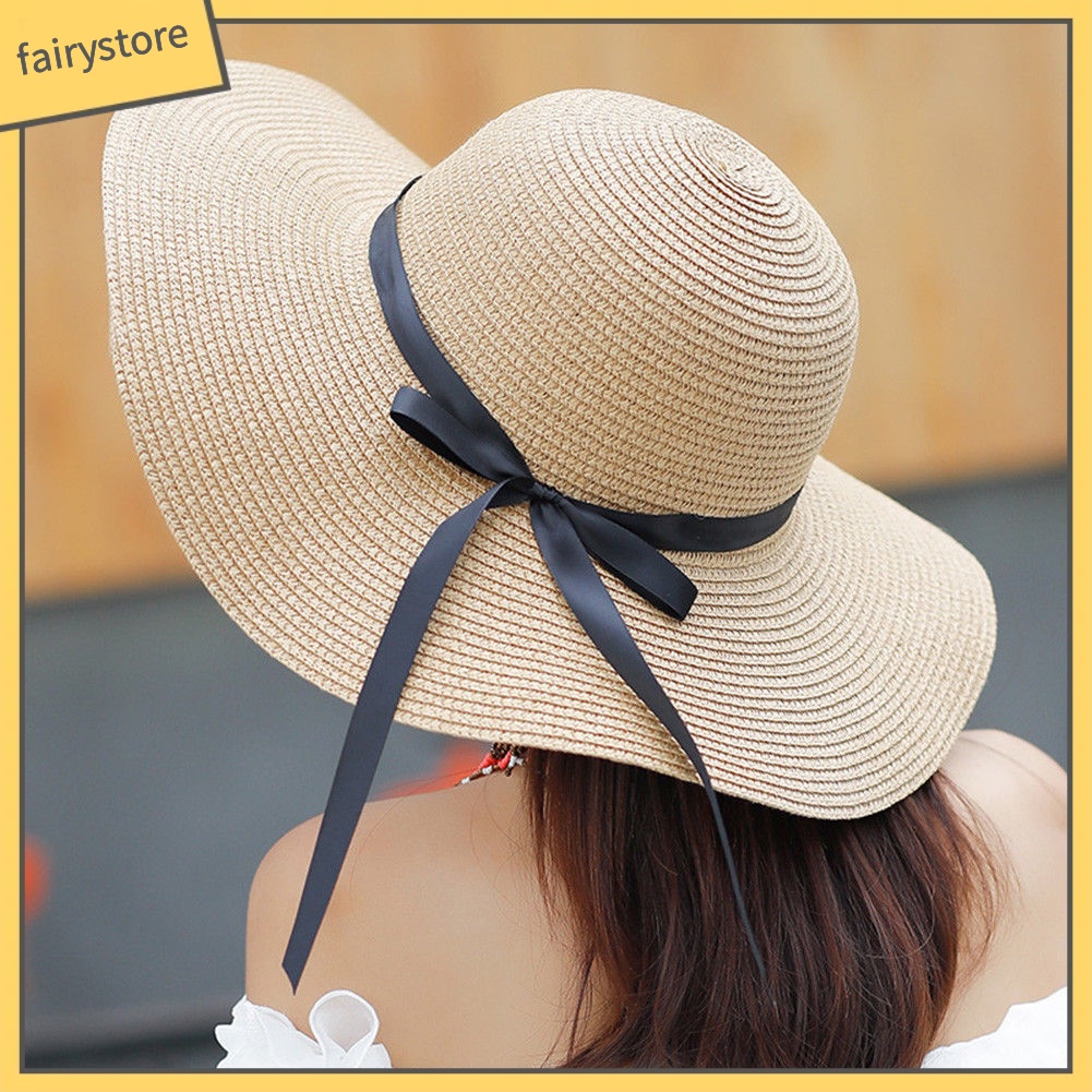 Nón Cói Rộng Vành Phối Ruy Băng Thắt Nơ Có Thể Gập Lại Thời Trang Mùa Hè Cho Nữ