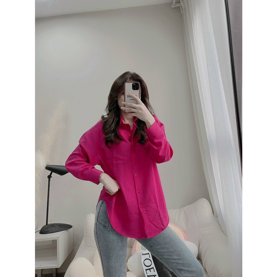Áo Sơ Mi Nữ Form Rộng TRƠN Basic Unisex Dài Tay Hồng Kiểu Áo Sơ Mi Nữ Bigsize Suông Phong Cách Retro Hàn Quốc