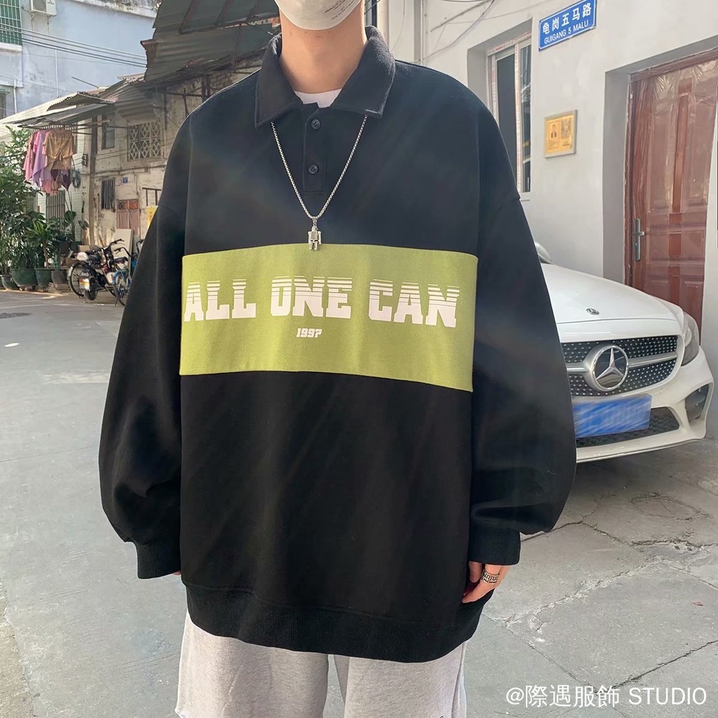 Áo nỉ cổ polo dáng rộng dài ghép vải 3 màu kiểu hàn quốc thời trang mùa xuân dễ phối đồ cho nam | BigBuy360 - bigbuy360.vn