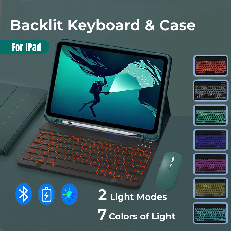 NIXXOS Bao Da Có Bàn Phím Bluetooth Không Dây Có Đèn LED Nền 7 Màu Cho iPad 10.2" iPad 7th/8th/9th Gen 10.9" Air4/Air