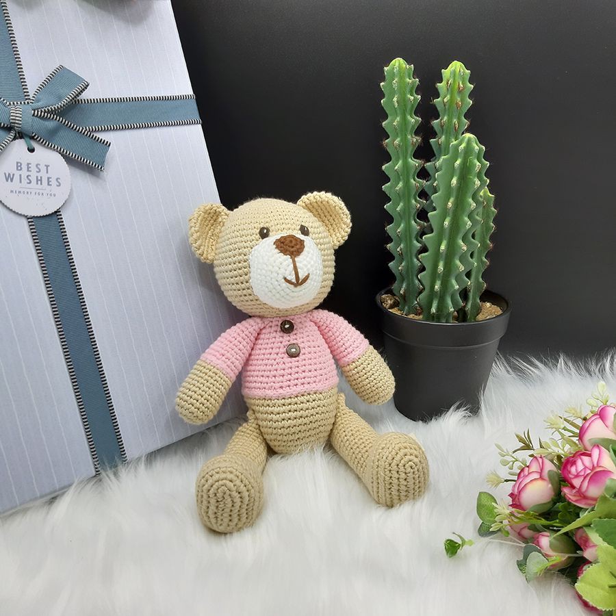 Gấu bông cao cấp - Gấu Teddy handmade làm từ len coton màu xanh hồng - SP000129