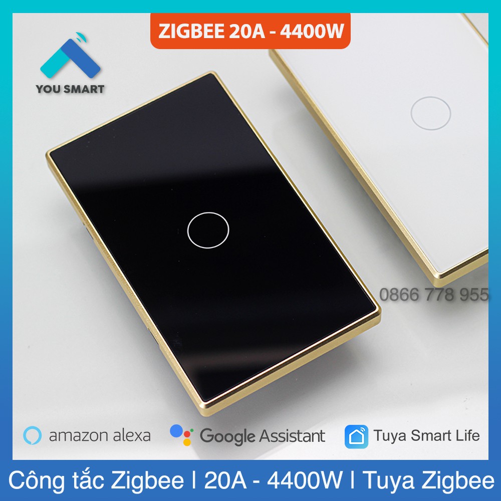 Công tắc Zigbee 20A bình nóng lạnh Tuya Smartlife công suất cao 4400W - Viền nhôm mặt kính cao cấp