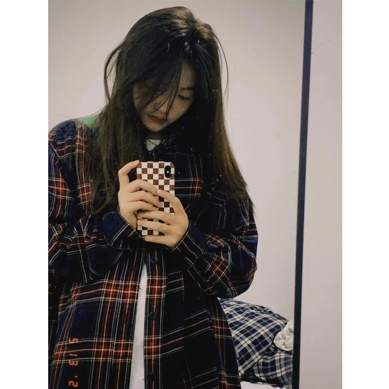 【ZHELIHANGFEI】Áo Sơ Mi Dài Tay Dáng Rộng Hoa Văn Kẻ Ô Phong Cách Retro