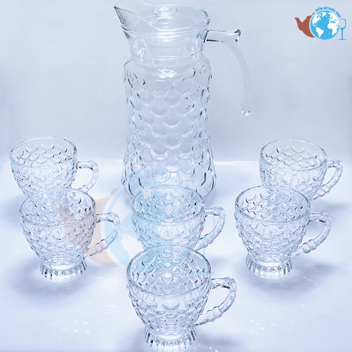 Bộ bình rót và 6 ly thủy tinh có quai cầm hoa văn vảy cá DELI hàng cao cấp
