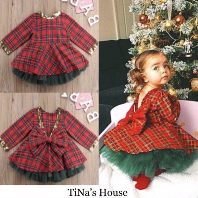 Set Đầm Công Chúa 02 Chi Tiết Áo Tay Dài Sọc Caro vs Chân Váy Xoè Đáng Yêu... Cho Bé Từ 01-06 Tuổi.