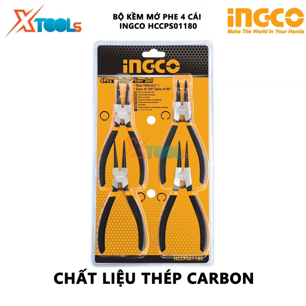 Bộ 4 kìm mở phe INGCO HCCPS01180 | Bộ kìm mở phe 4 chi tiết Quy cách 7&quot;/180mm Độ xoay 2 Kìm (kiềm) 180°, 2 Kìm (kiềm) 90
