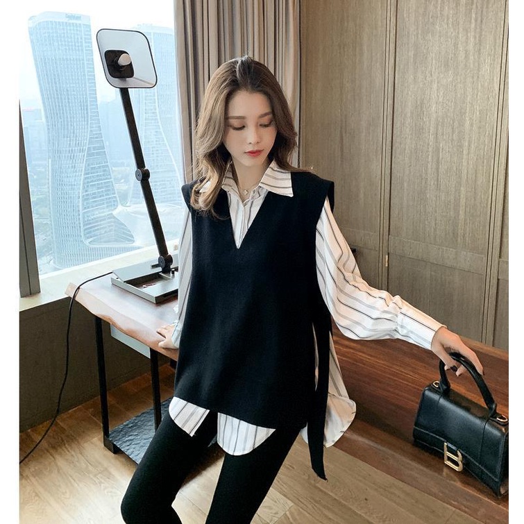 Set áo sơ mi + áo gile len không tay màu đen thời trang cổ điển cho nữ (có bán lẻ)