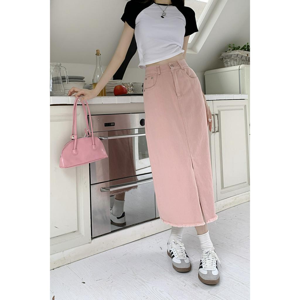 Chân váy jean Hồng Lưng Cao Dáng Rộng Xẻ Tà Thời Trang Mùa Hè Hàng Mới Dành Cho Bạn Nữ
