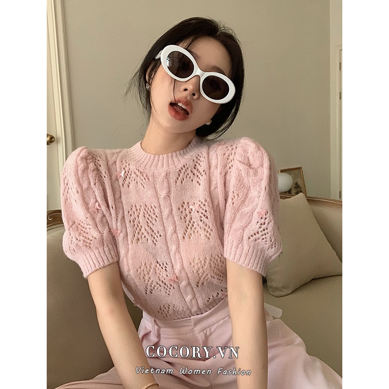 Cocory vn Áo Croptop Tay Phồng Ngắn Cổ Tròn Màu Hồng Phong Cách Vintage Thời Trang Cho Nữ