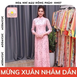 Áo dài truyền thống hoa nhí màu hồng phấn, cổ cao 3cm, tay lỡ, vải lụa cao cấp