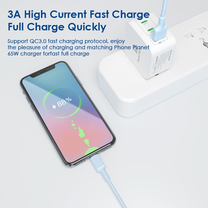 Phone Planet Dây Cáp Sạc Nhanh USB Sang Type c 3A Bằng Cao Su Mềm màu xanh da trời dòng dữ liệu