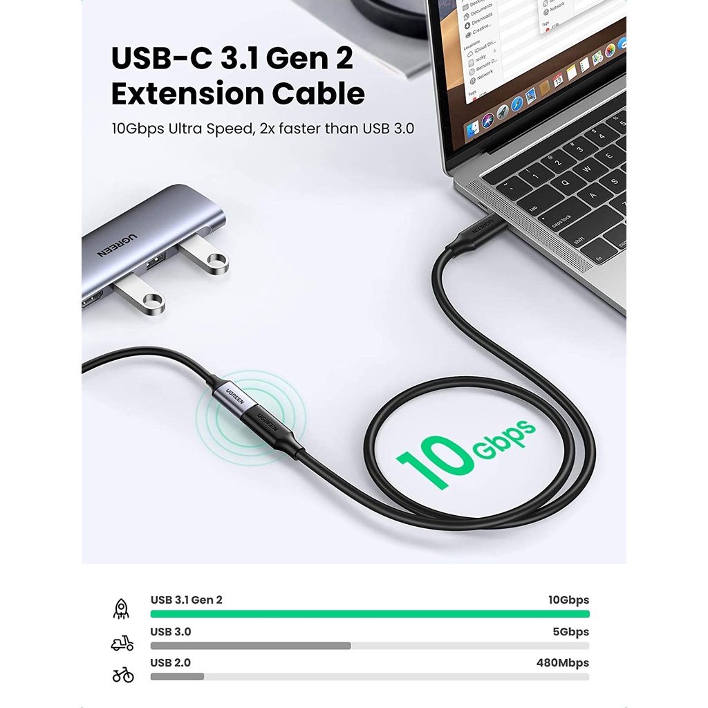 Cáp USB Type C nối dài UGREEN 10387 Chính Hãng US353 PD100W, Gen 2 dài 1met