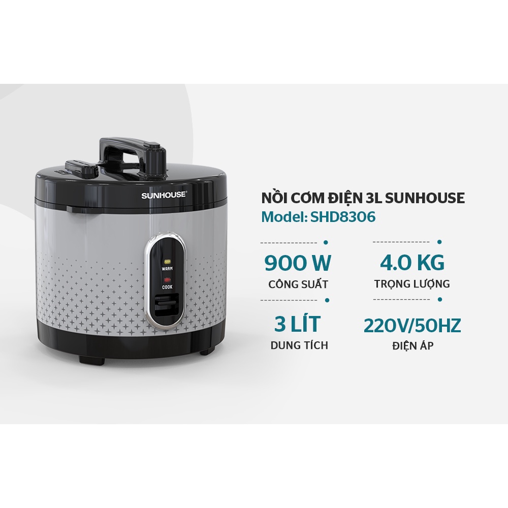 Nồi cơm điện Sunhouse SHD8306, Công suất 900W, Dung tích 3 lít, Lòng nồi phủ chống dính cao cấp, Bảo hành 12 tháng
