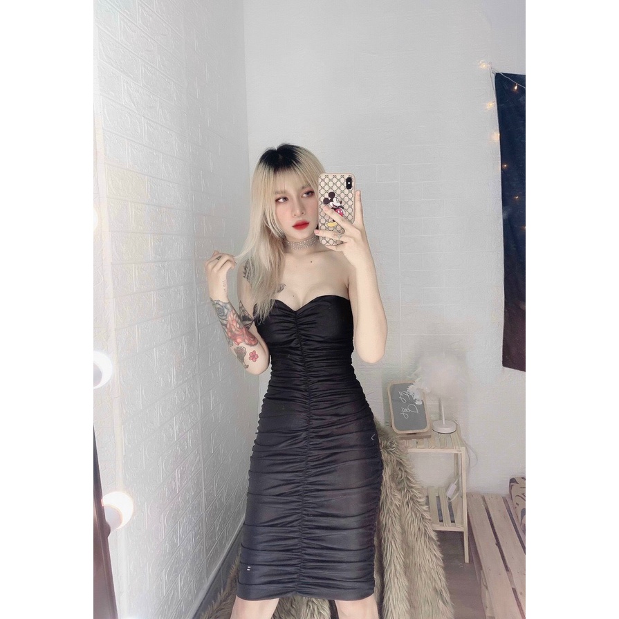 Đầm cúp ngực ôm body nhúm sườn 2 bên màu nhũ sang chảnh