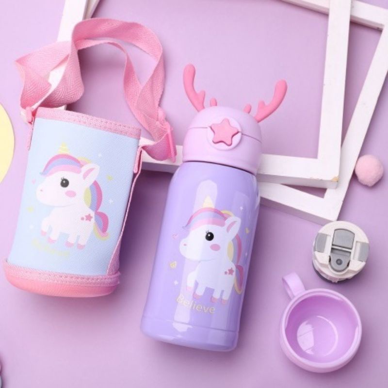 Bình Nước Giữ Nhiệt Inox Cao Cấp 500ml Hình Hươu Cute Cho Bé Có Ống Hút