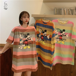 Áo Thun Nữ Tay Ngắn Kẻ Sọc In Hình Chuột Mickey