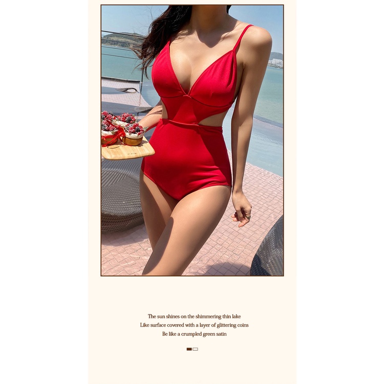 (Mẫu mới 2023) Bikini đỏ khoét eo xẻ ngực khoe dáng một mảnh Hàn Quốc