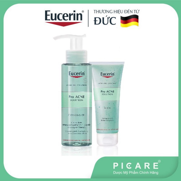 [CHÍNH HÃNG] Combo Eucerin cho da nhờn mụn gel rửa mặt Pro Acne Cleansing Gel 200ml &amp; tẩy tế bào chết Pro Acne Scrub 100