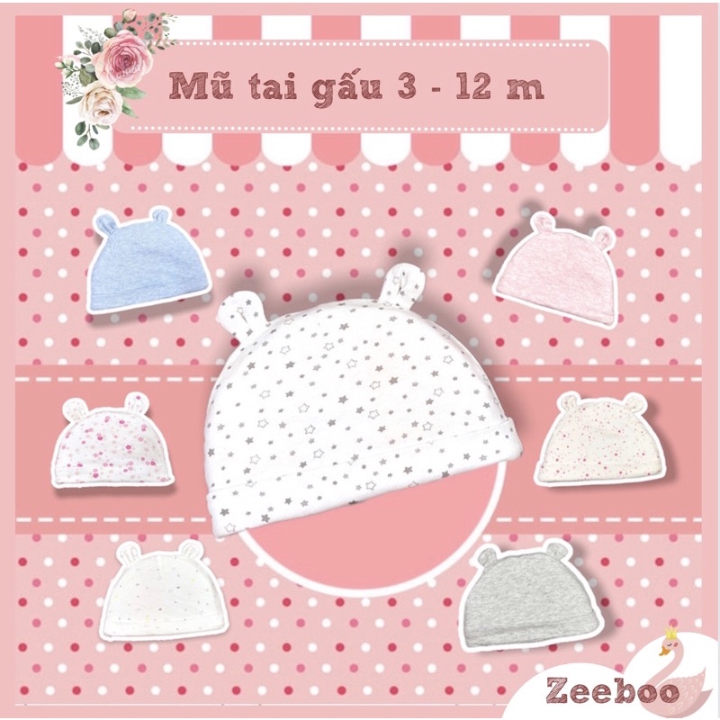 Mũ tai gấu Cotton xuất dư cho bé từ 3 tháng đến 12 tháng tuổi, vải Cotton 100% 2 lớp dày dặn, che thóp giữ ấm[ One size]