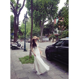 Đầm maxi trắng đan dây sau lưng
