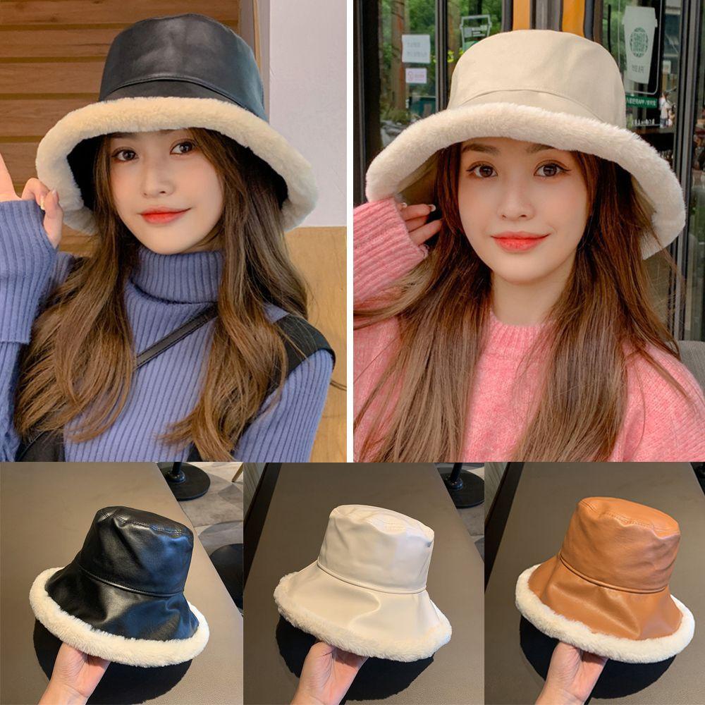Nón Bucket Chất Liệu Da PU Dày Dặn Ấm Áp