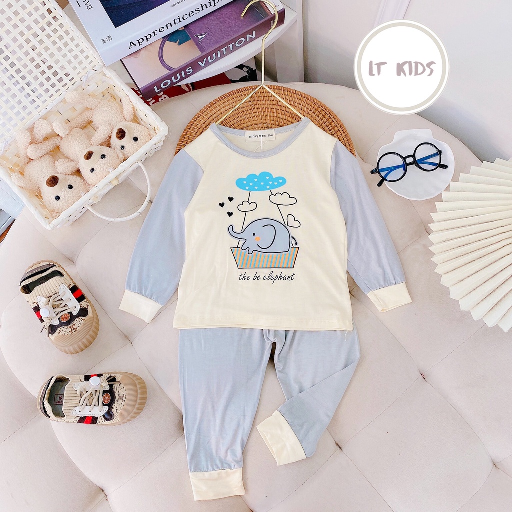 Bộ Thun Dài Bé Trai Bé Gái Vải Thun Lạnh Xuất Hàn In Hình Con Voi , Quần Áo Thun Trẻ Em Dài Tay Thu Đông Minky Mom