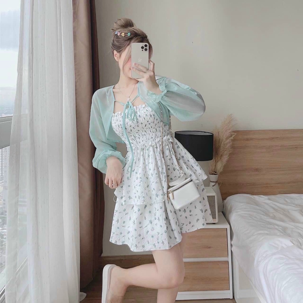 Set váy hoa nhí tầng và áo khoác bánh bèo xinh xắn