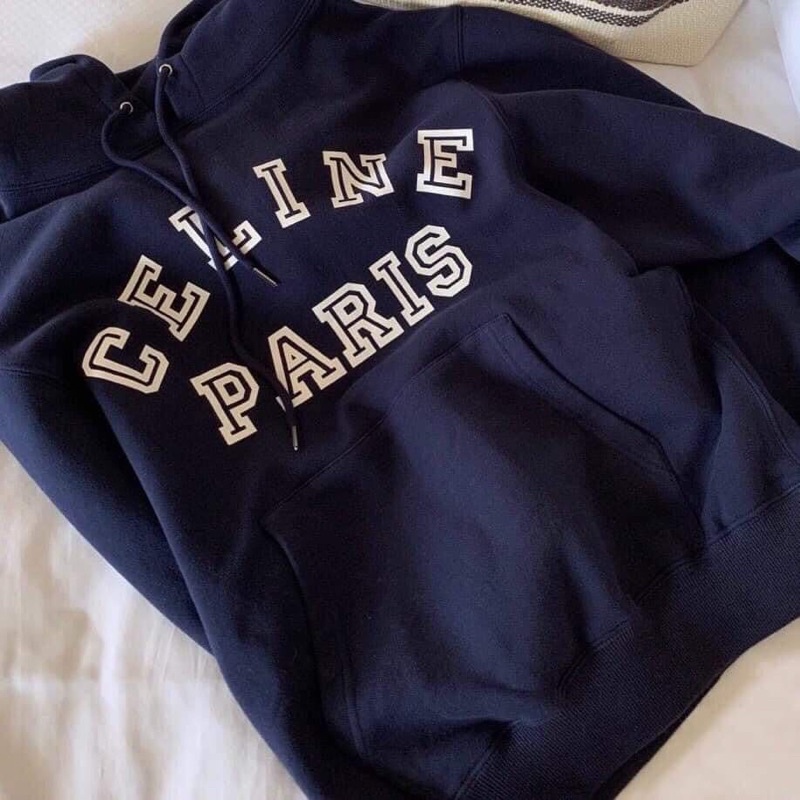 Áo Nỉ Hoodie Mũ Paris Màu Xanh Than Dáng Rộng Giấu Quần
