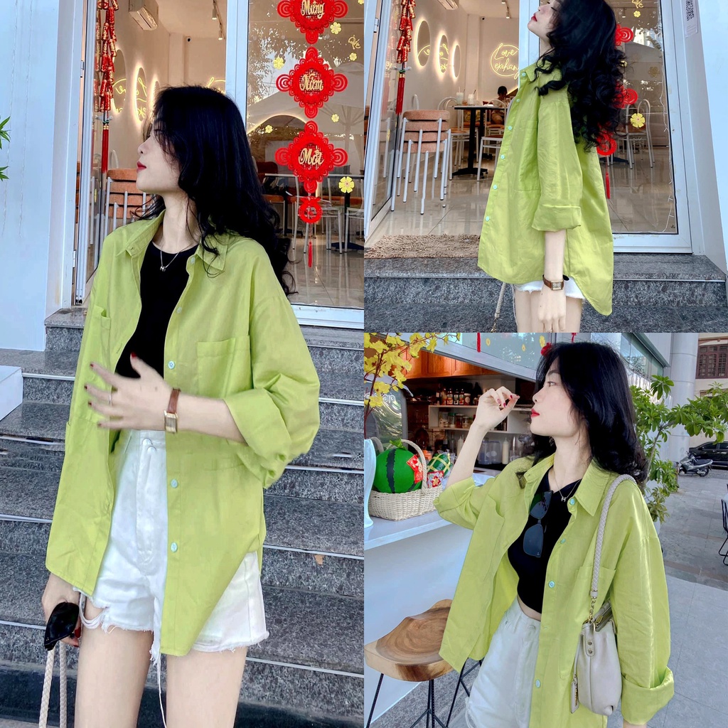Set sơ mi xanh cốm neon quần short đùi ulzzang unisex set bộ nữ LD159