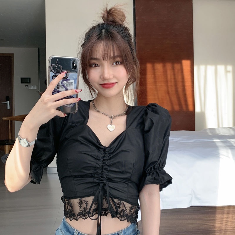 Áo kiểu tay phồng cổ chữ V phối ren thời trang dành cho nữ