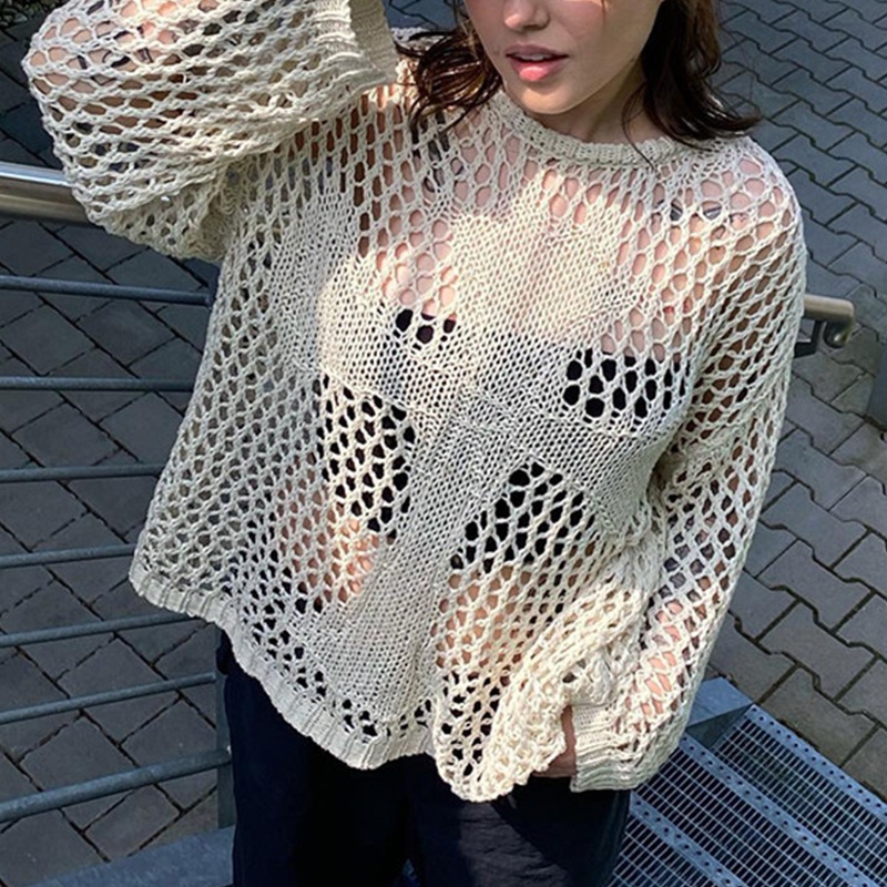 Brroa Áo Sweater Dệt Kim Chui Đầu Dáng Rộng Khoét Rỗng Đan Chéo Cho Nữ