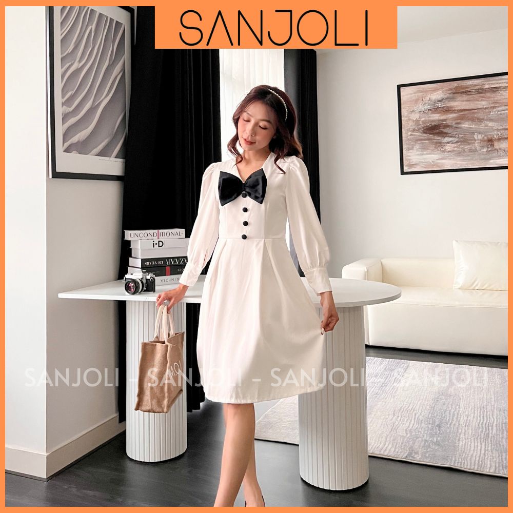 Đầm Dự Tiệc Công Sở Thiết Kế Phối Nơ SANJOLI Váy Tiểu Thư Sang Chảnh Nữ Cao Cấp Dáng Suông Dài Đẹp Vintage VD017
