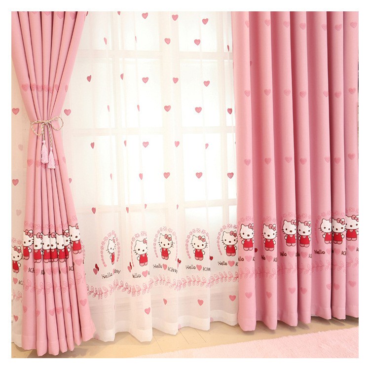 Rèm cửa trẻ em hình Hello Kitty màu hồng, màu xanh, rèm voan thêu kitty, rèm dán tường, dán cửa, treo thanh decor cửa sổ