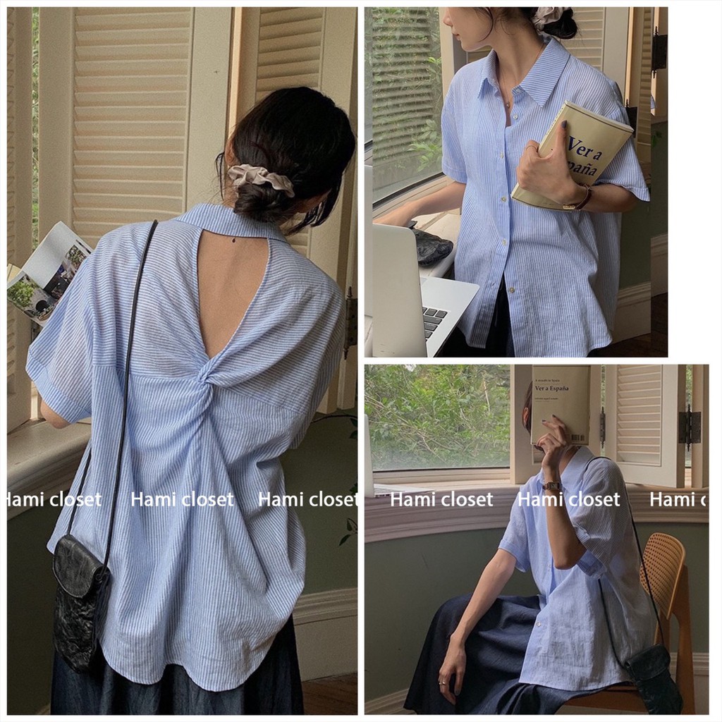 Áo sơ mi kẻ caro ngắn tay cổ đức xoắn sau lưng phong cách ulzzang Hàn quốc
