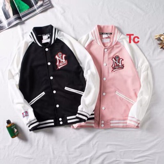 Áo khoác nỉ bomber NY phối tay trắng kèm ảnh thật