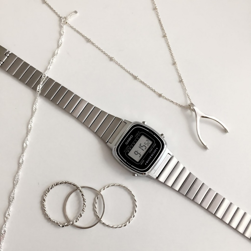 Đồng hồ Đôi nam nữ Casio A158 - LA670, đồng hồ chính hãng, dây bạc mặt đen